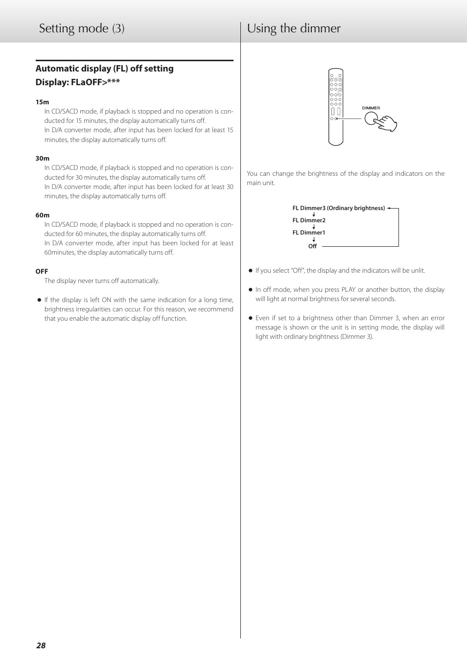 Using the dimmer, Setting mode (3) using the dimmer, Automatic display (fl) off setting display: flaoff | Teac K-07 User Manual | Page 28 / 96