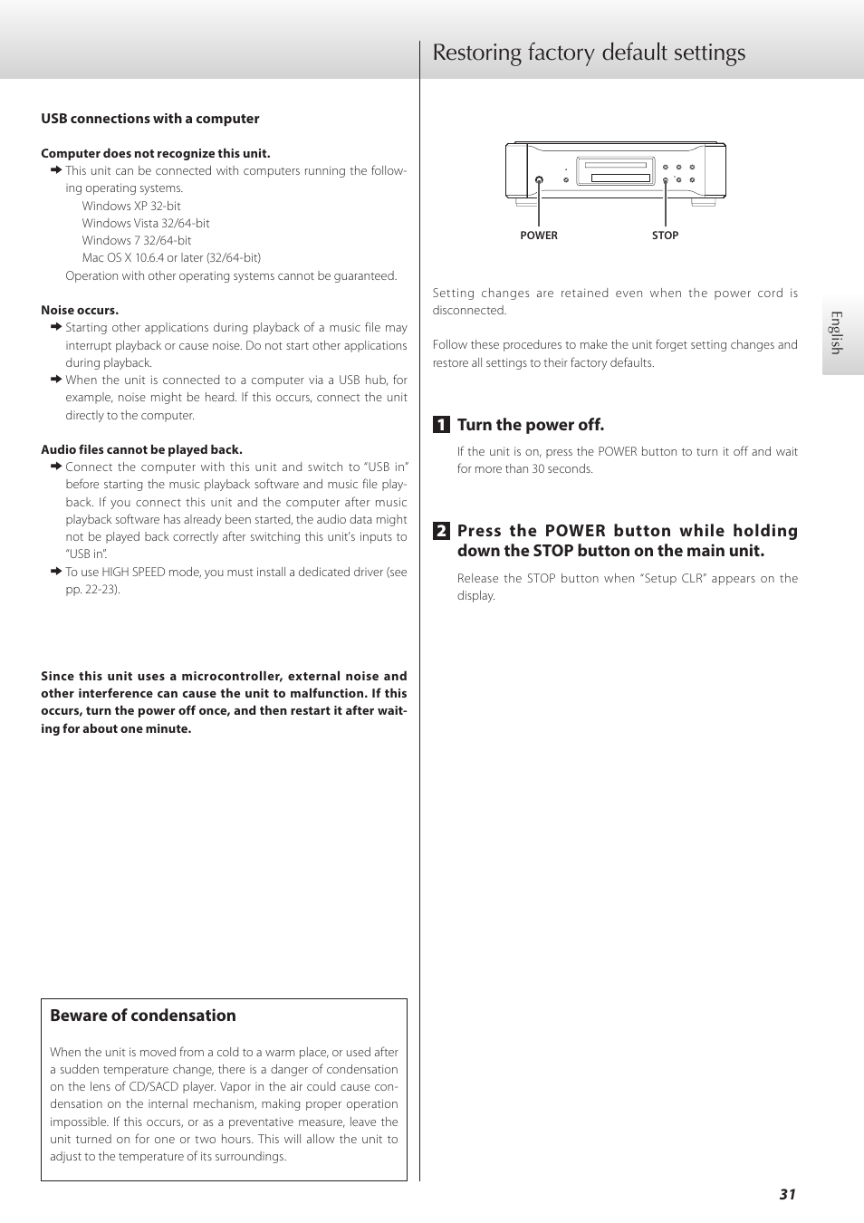 Restoring factory default settings, 1turn the power off, Beware of condensation | Teac K-07 User Manual | Page 31 / 96