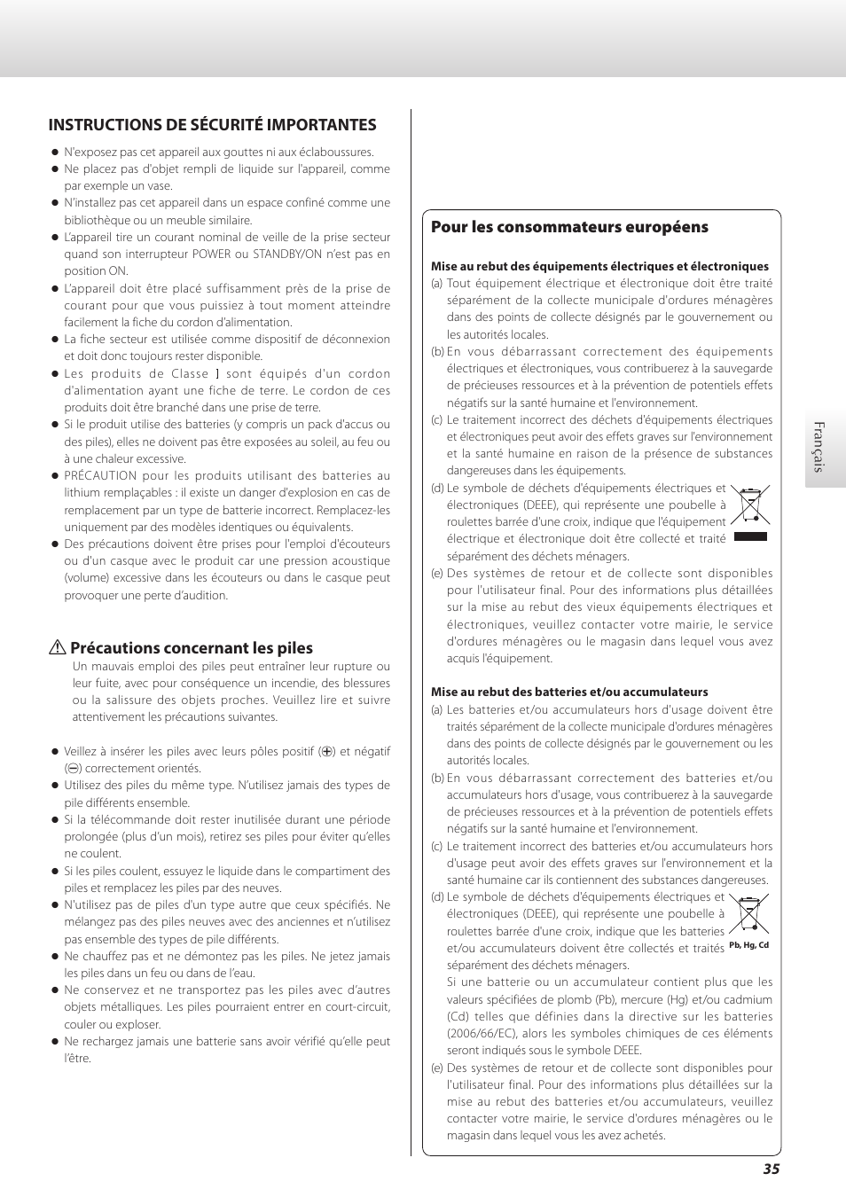 Français, Pour les consommateurs européens, Instructions de sécurité importantes | Q précautions concernant les piles | Teac K-07 User Manual | Page 35 / 96