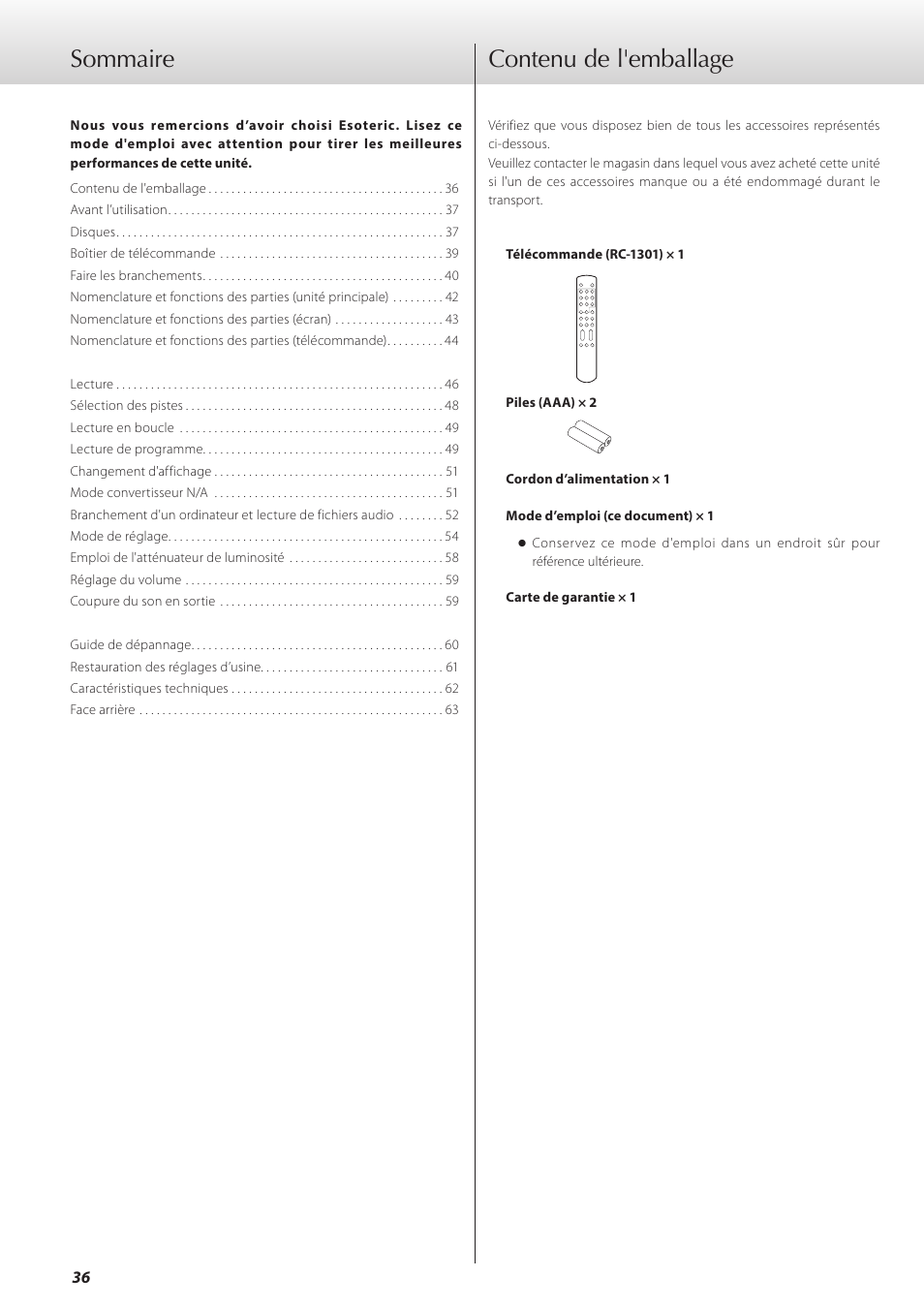 Contenu de l'emballage, Sommaire contenu de l'emballage | Teac K-07 User Manual | Page 36 / 96
