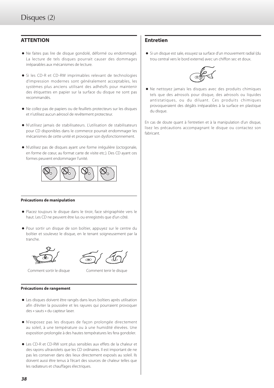 Disques (2), Attention, Entretien | Teac K-07 User Manual | Page 38 / 96