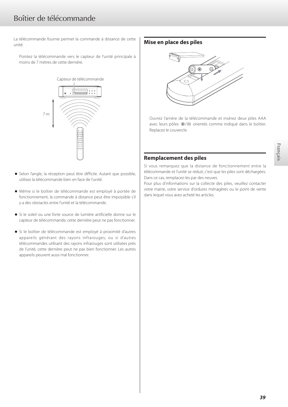 Boîtier de télécommande, Mise en place des piles, Remplacement des piles | Teac K-07 User Manual | Page 39 / 96