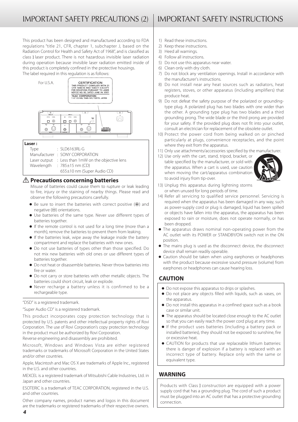 Q precautions concerning batteries, Caution warning | Teac K-07 User Manual | Page 4 / 96