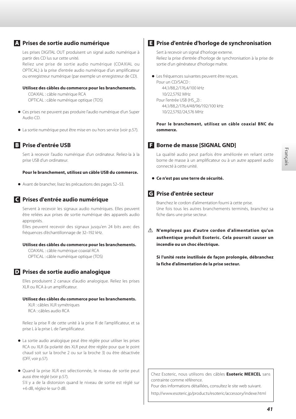 Aprises de sortie audio numérique, Bprise d'entrée usb, Cprises d'entrée audio numérique | Dprises de sortie audio analogique, Eprise d'entrée d'horloge de synchronisation, Fborne de masse [signal gnd, Gprise d'entrée secteur | Teac K-07 User Manual | Page 41 / 96