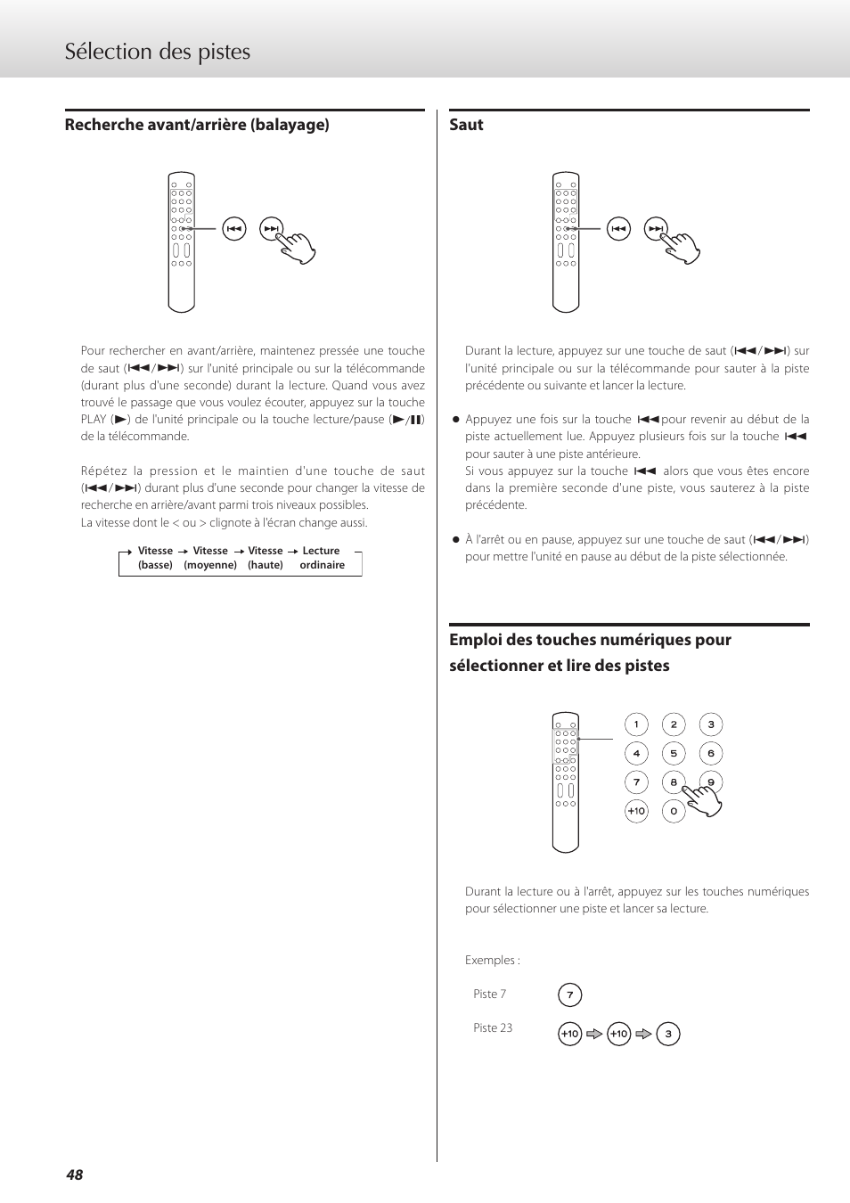 Sélection des pistes, Saut, Recherche avant/arrière (balayage) | Teac K-07 User Manual | Page 48 / 96