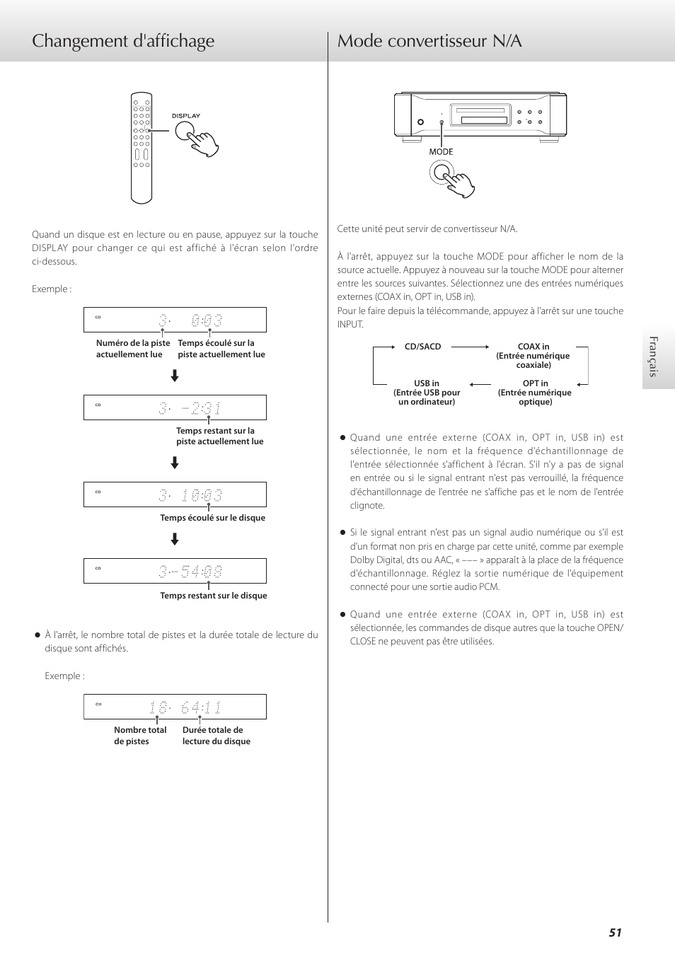 Changement d'affichage, Mode convertisseur n/a, Changement d'affichage mode convertisseur n/a | Teac K-07 User Manual | Page 51 / 96