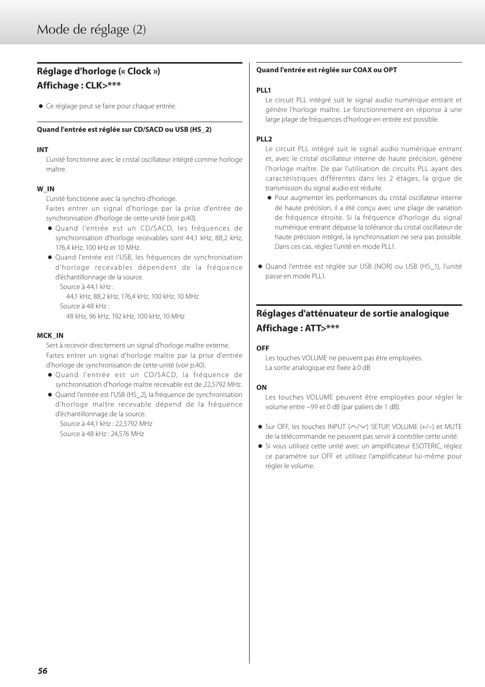 Mode de réglage (2), Réglage d'horloge (« clock ») affichage : clk | Teac K-07 User Manual | Page 56 / 96