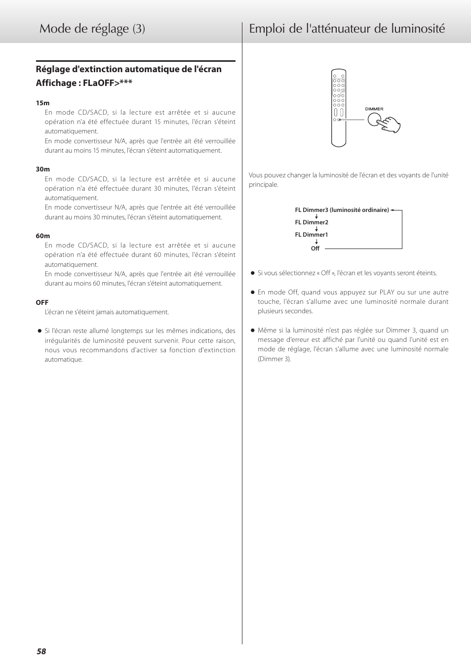 Emploi de l'atténuateur de luminosité | Teac K-07 User Manual | Page 58 / 96