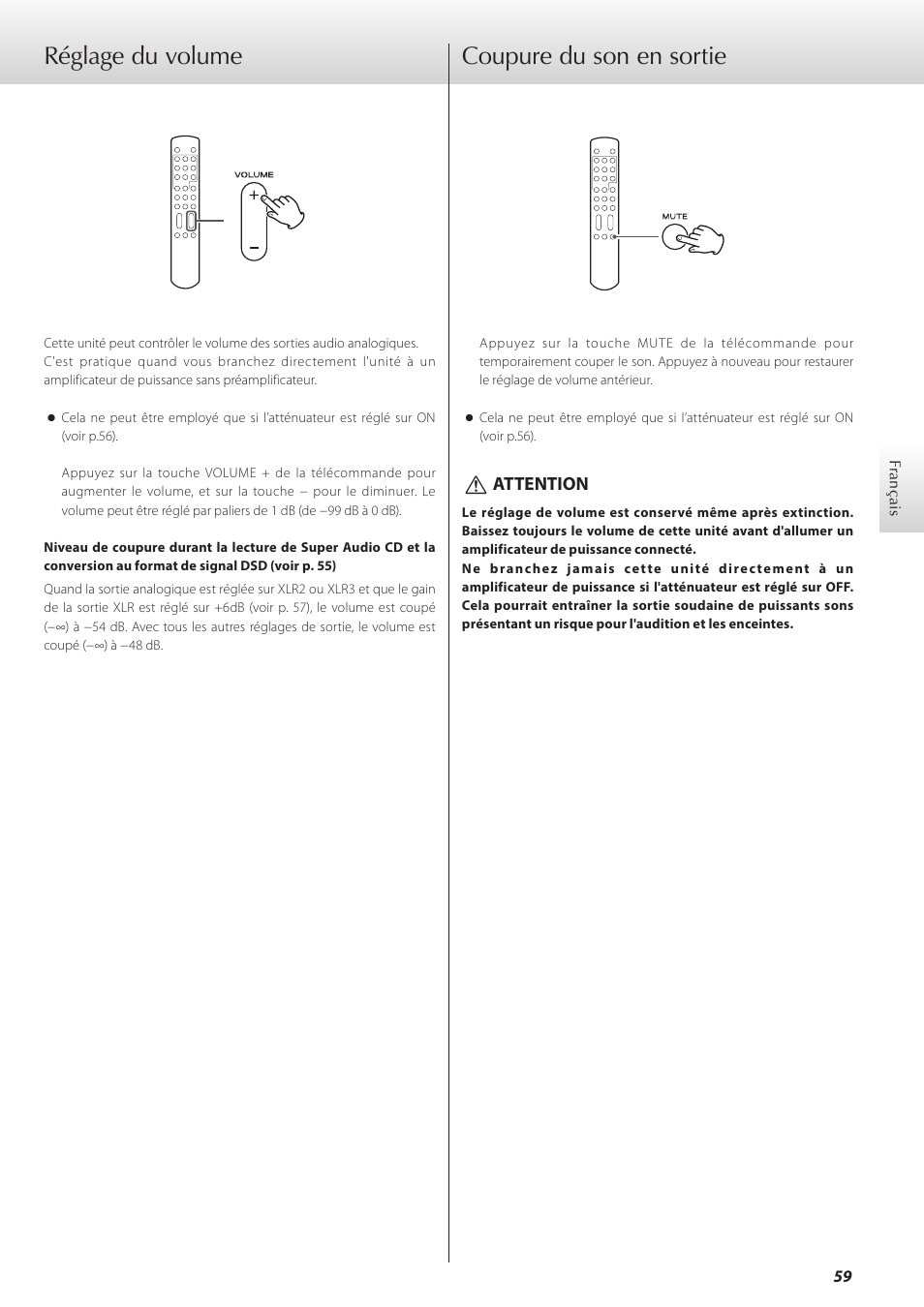 Réglage du volume, Coupure du son en sortie, Réglage du volume coupure du son en sortie | Teac K-07 User Manual | Page 59 / 96