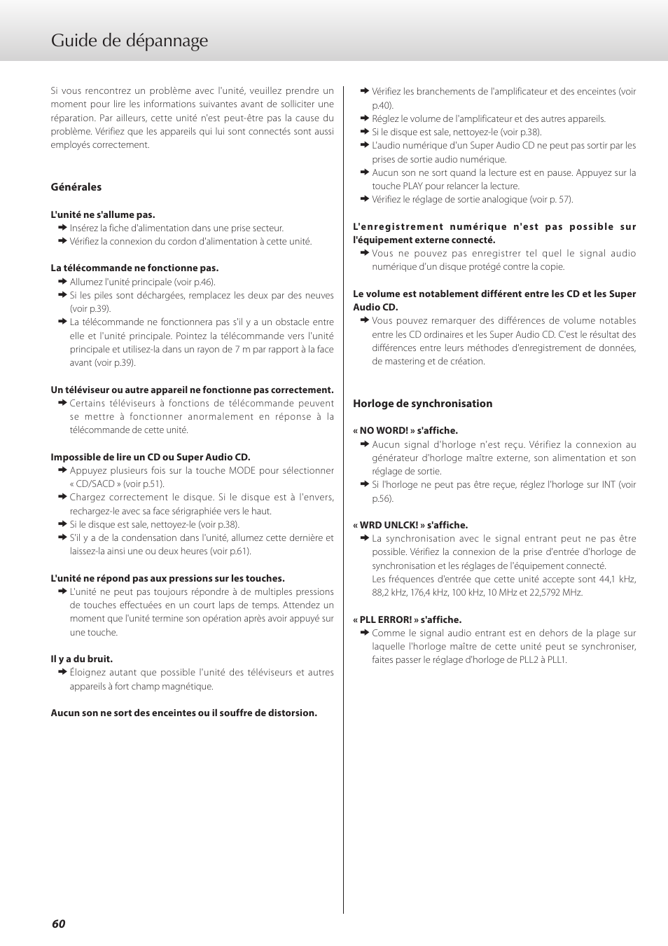 Guide de dépannage | Teac K-07 User Manual | Page 60 / 96