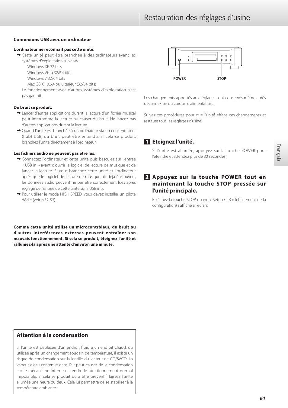 Restauration des réglages d’usine, 1éteignez l’unité, Attention à la condensation | Teac K-07 User Manual | Page 61 / 96