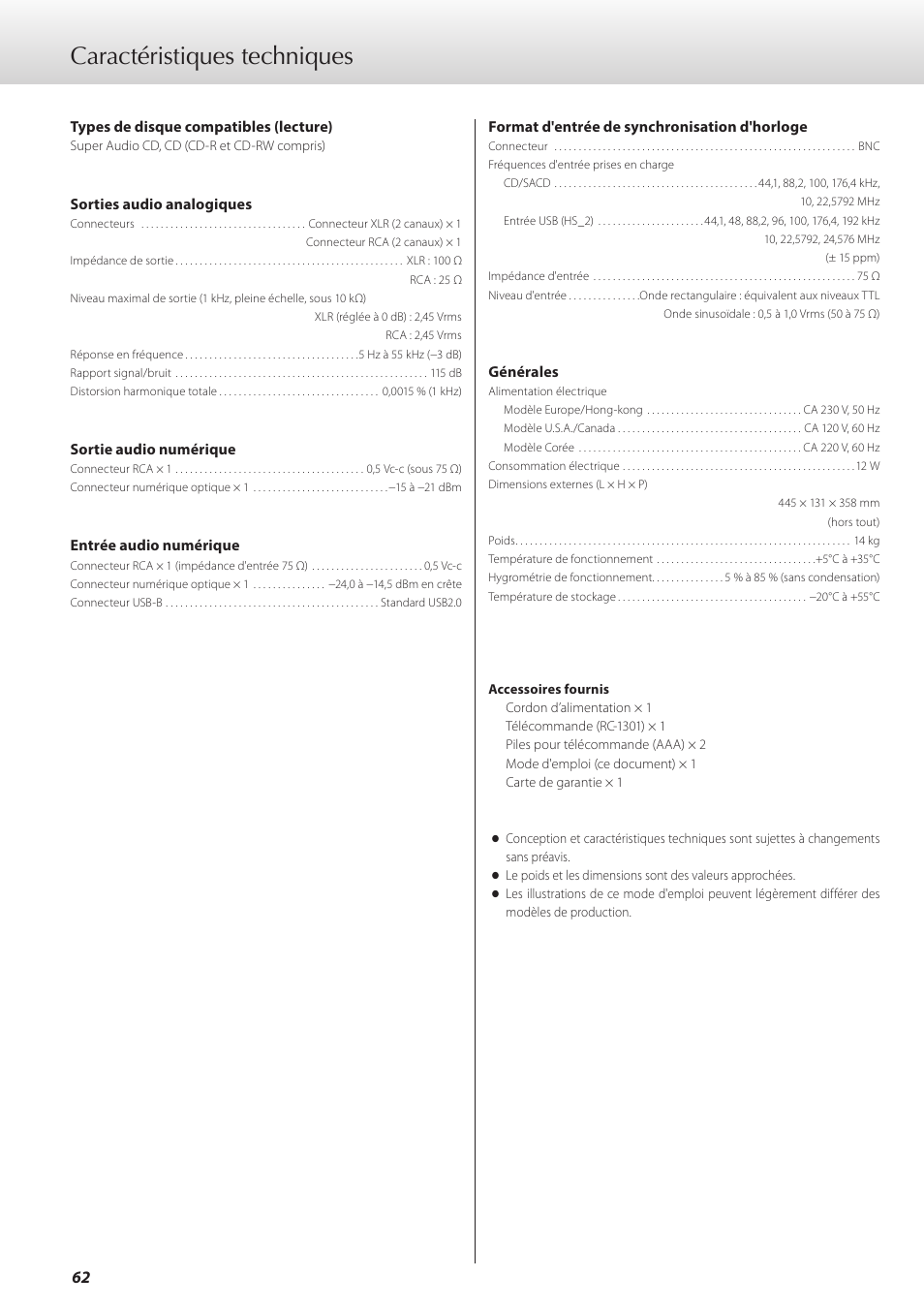 Caractéristiques techniques | Teac K-07 User Manual | Page 62 / 96