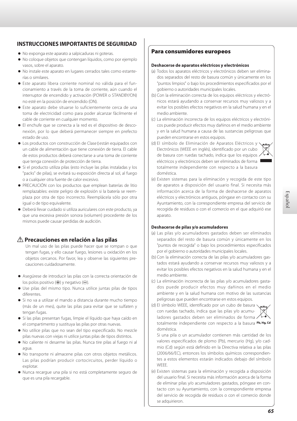 Español, Para consumidores europeos, Instrucciones importantes de seguridad | Q precauciones en relación a las pilas | Teac K-07 User Manual | Page 65 / 96