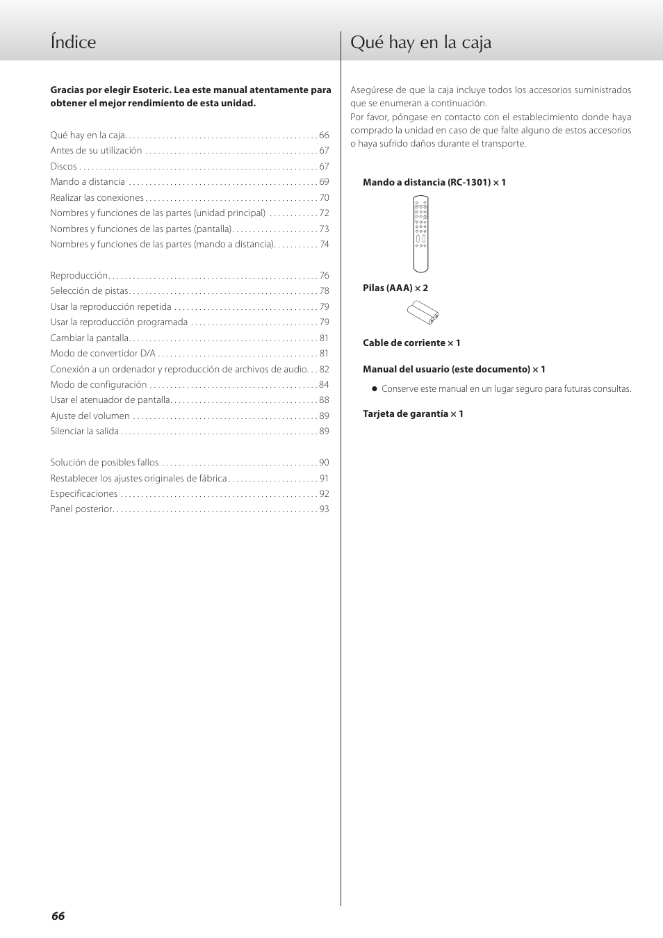 Qué hay en la caja, Índice qué hay en la caja | Teac K-07 User Manual | Page 66 / 96