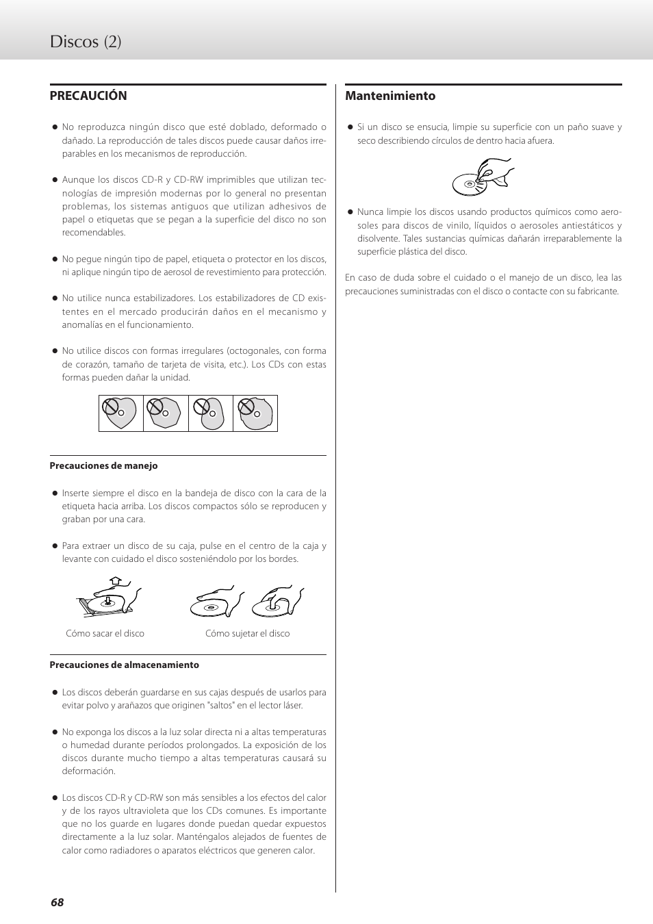 Discos (2), Precaución, Mantenimiento | Teac K-07 User Manual | Page 68 / 96