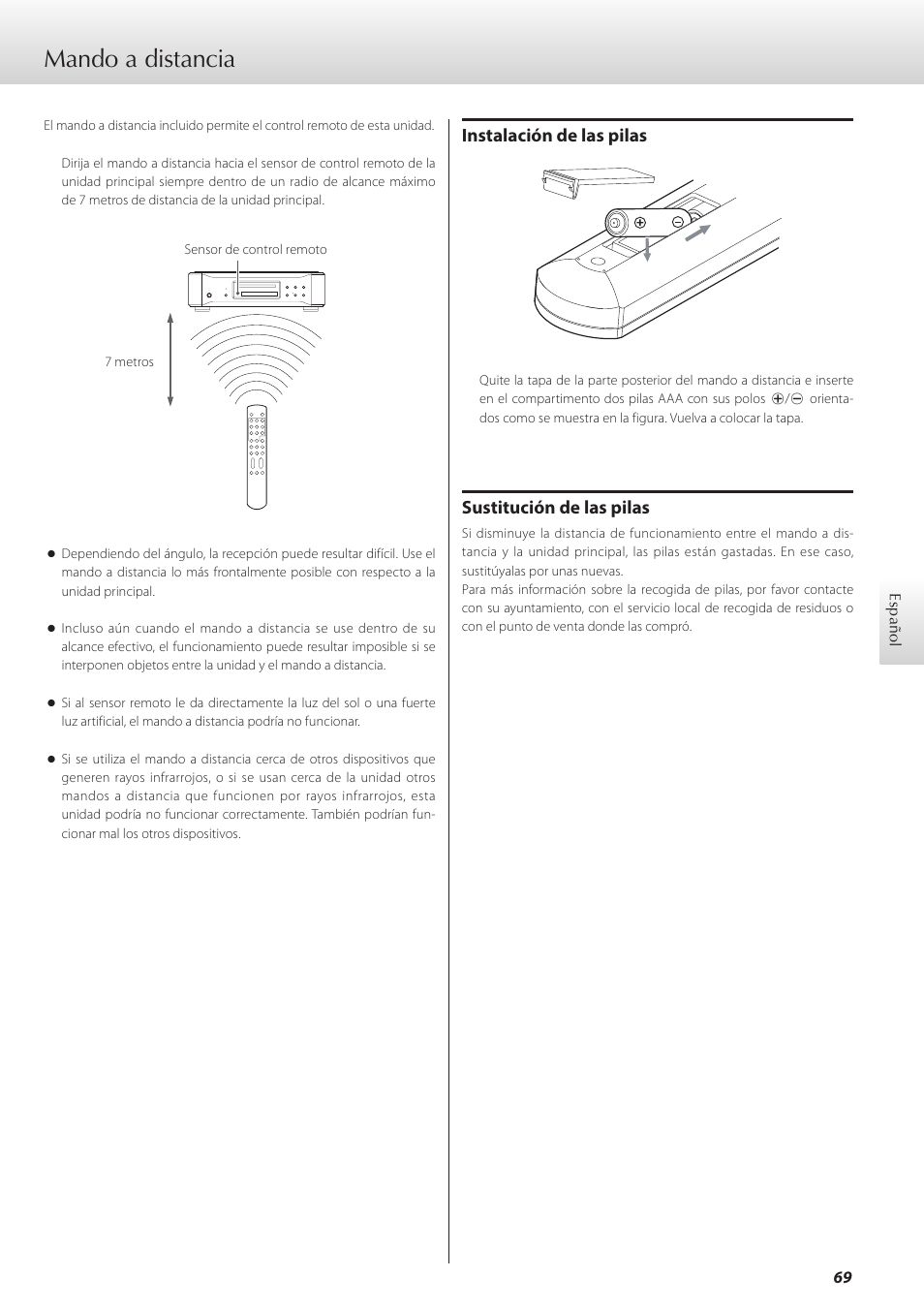 Mando a distancia, Instalación de las pilas, Sustitución de las pilas | Teac K-07 User Manual | Page 69 / 96