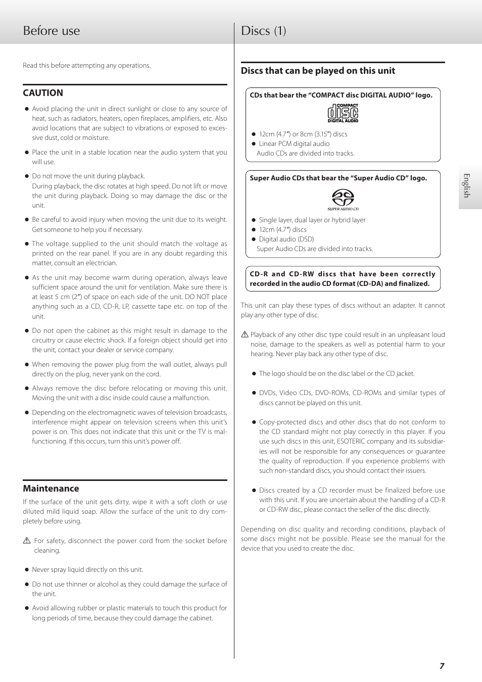 Before use, Discs, Before use discs | Discs (1), Caution, Maintenance, Discs that can be played on this unit | Teac K-07 User Manual | Page 7 / 96