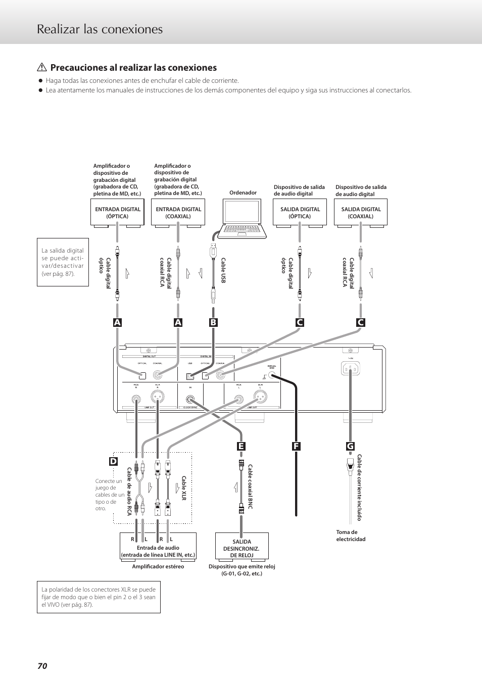 Realizar las conexiones, Q precauciones al realizar las conexiones | Teac K-07 User Manual | Page 70 / 96