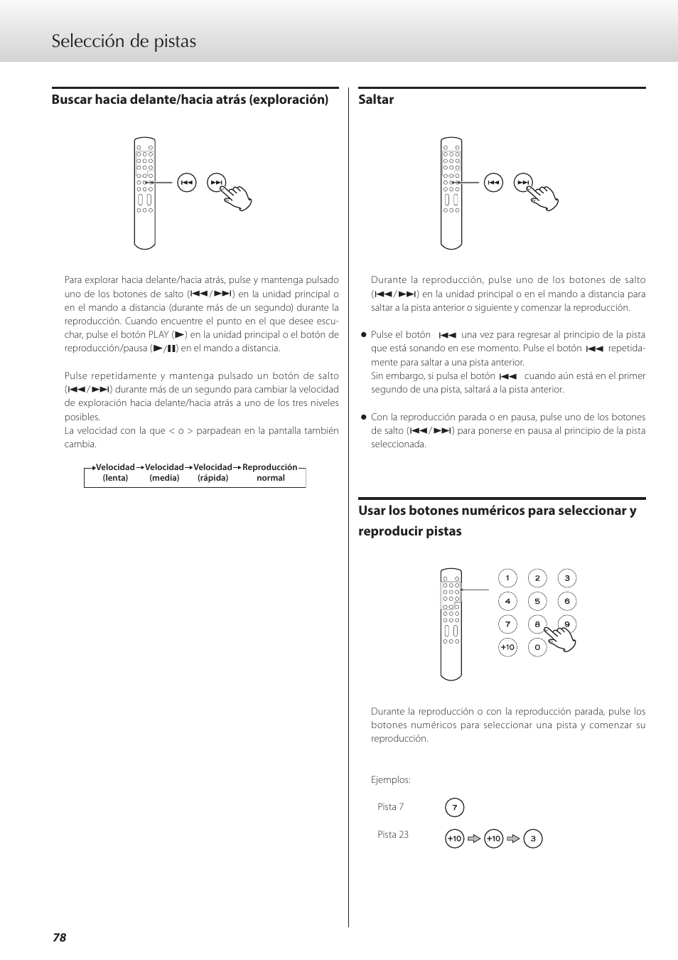 Selección de pistas, Saltar, Buscar hacia delante/hacia atrás (exploración) | Teac K-07 User Manual | Page 78 / 96