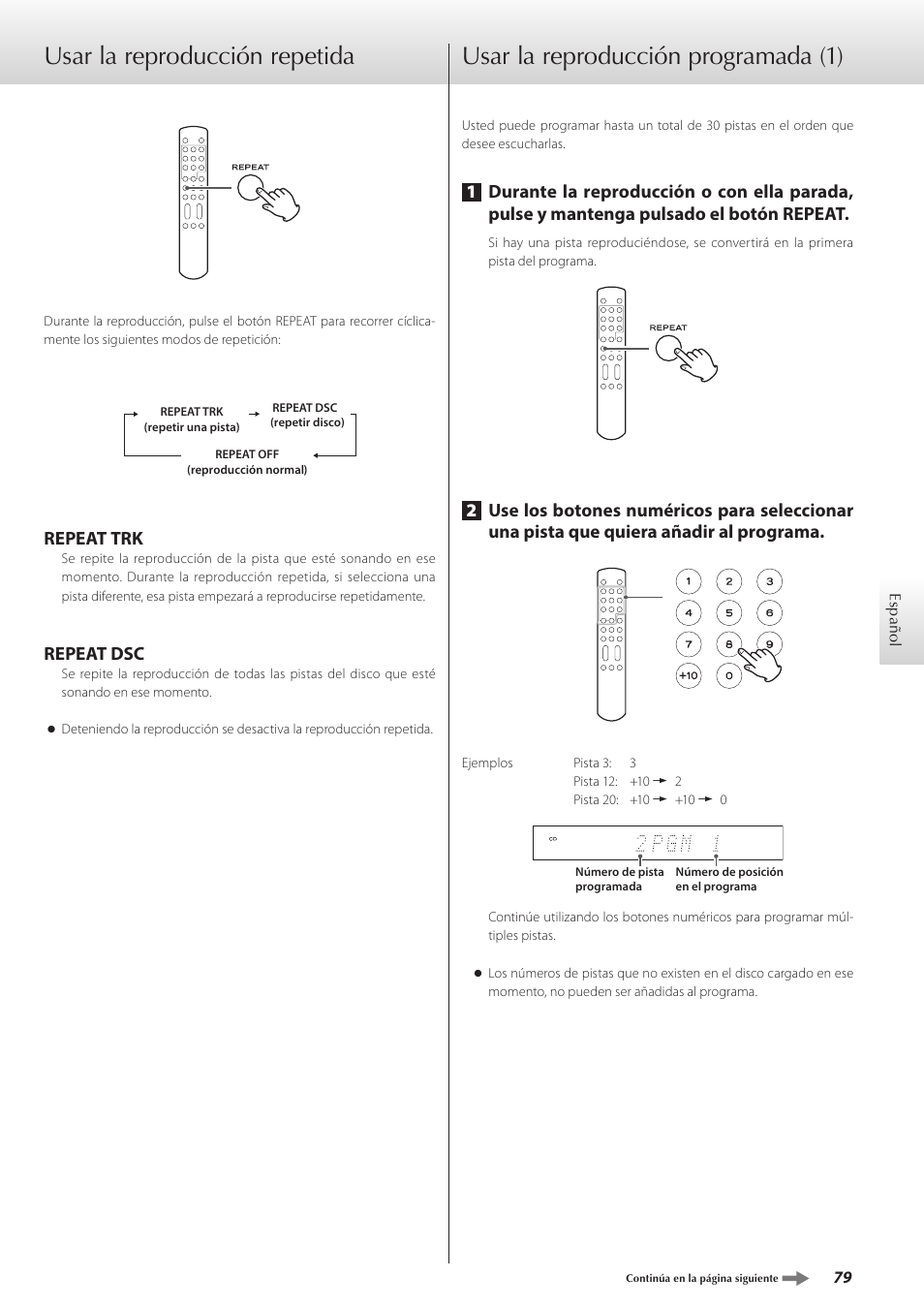 Usar la reproducción repetida, Usar la reproducción programada, Repeat trk | Repeat dsc | Teac K-07 User Manual | Page 79 / 96