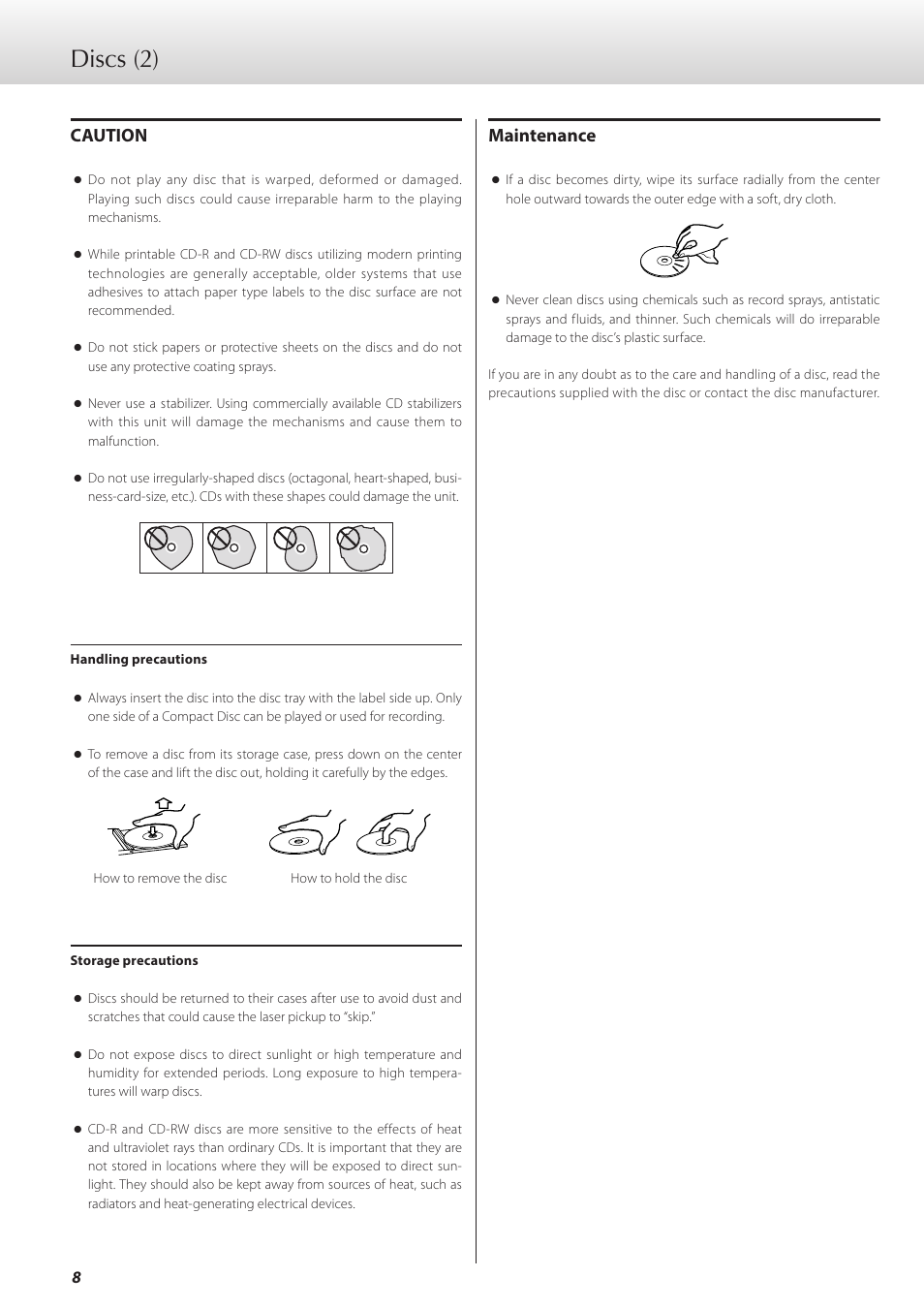 Discs (2), Caution, Maintenance | Teac K-07 User Manual | Page 8 / 96