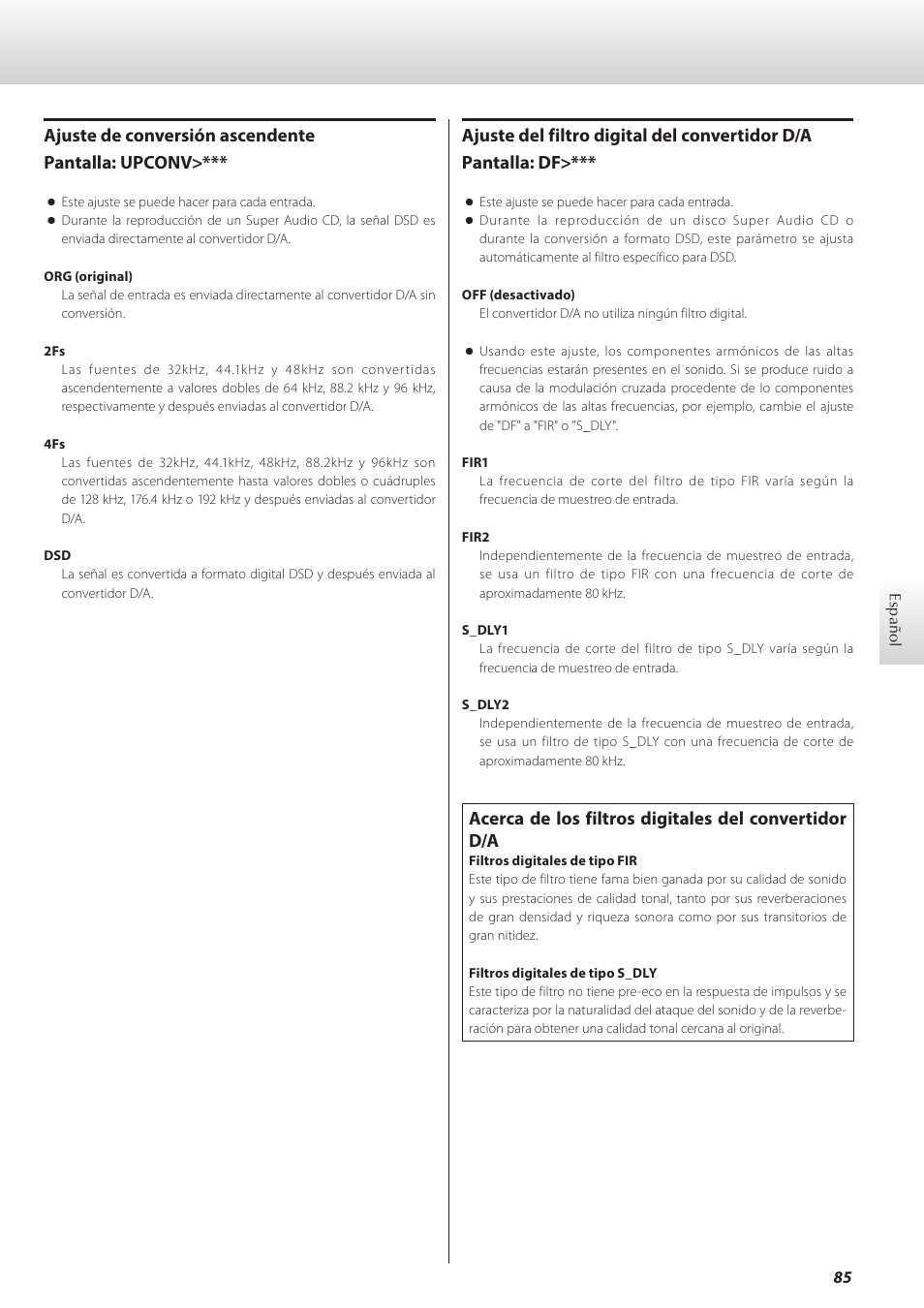 Ajuste de conversión ascendente pantalla: upconv | Teac K-07 User Manual | Page 85 / 96