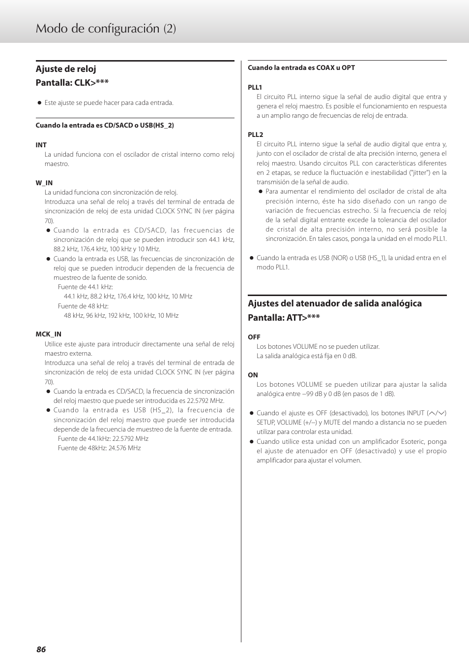 A 86, Modo de configuración (2), Ajuste de reloj pantalla: clk | Teac K-07 User Manual | Page 86 / 96