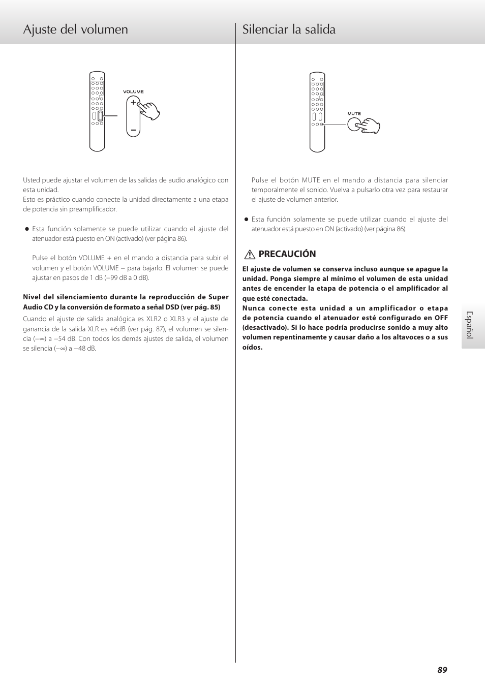 Ajuste del volumen, Silenciar la salida, Ajuste del volumen silenciar la salida | Teac K-07 User Manual | Page 89 / 96