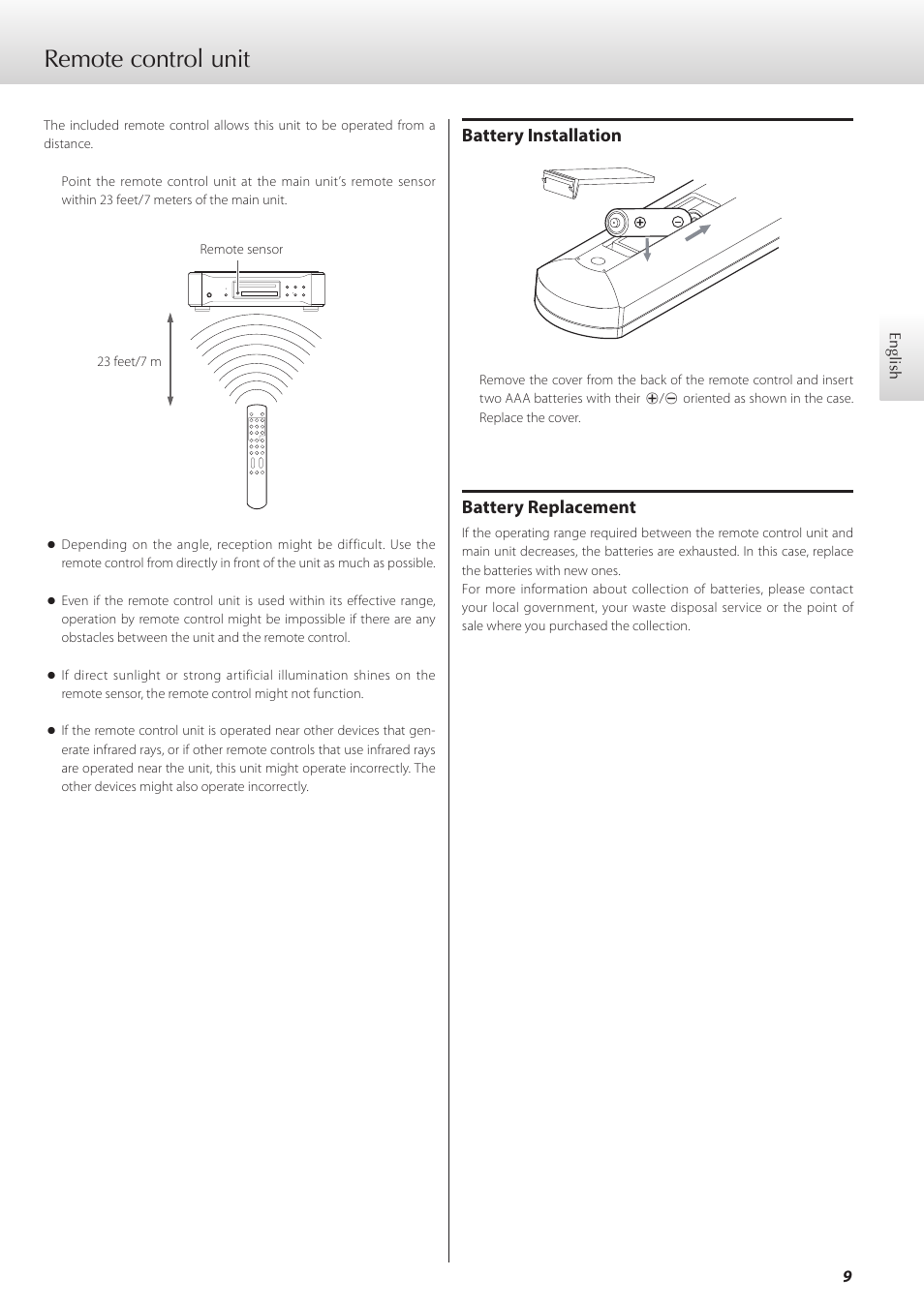 Remote control unit, Battery installation, Battery replacement | Teac K-07 User Manual | Page 9 / 96