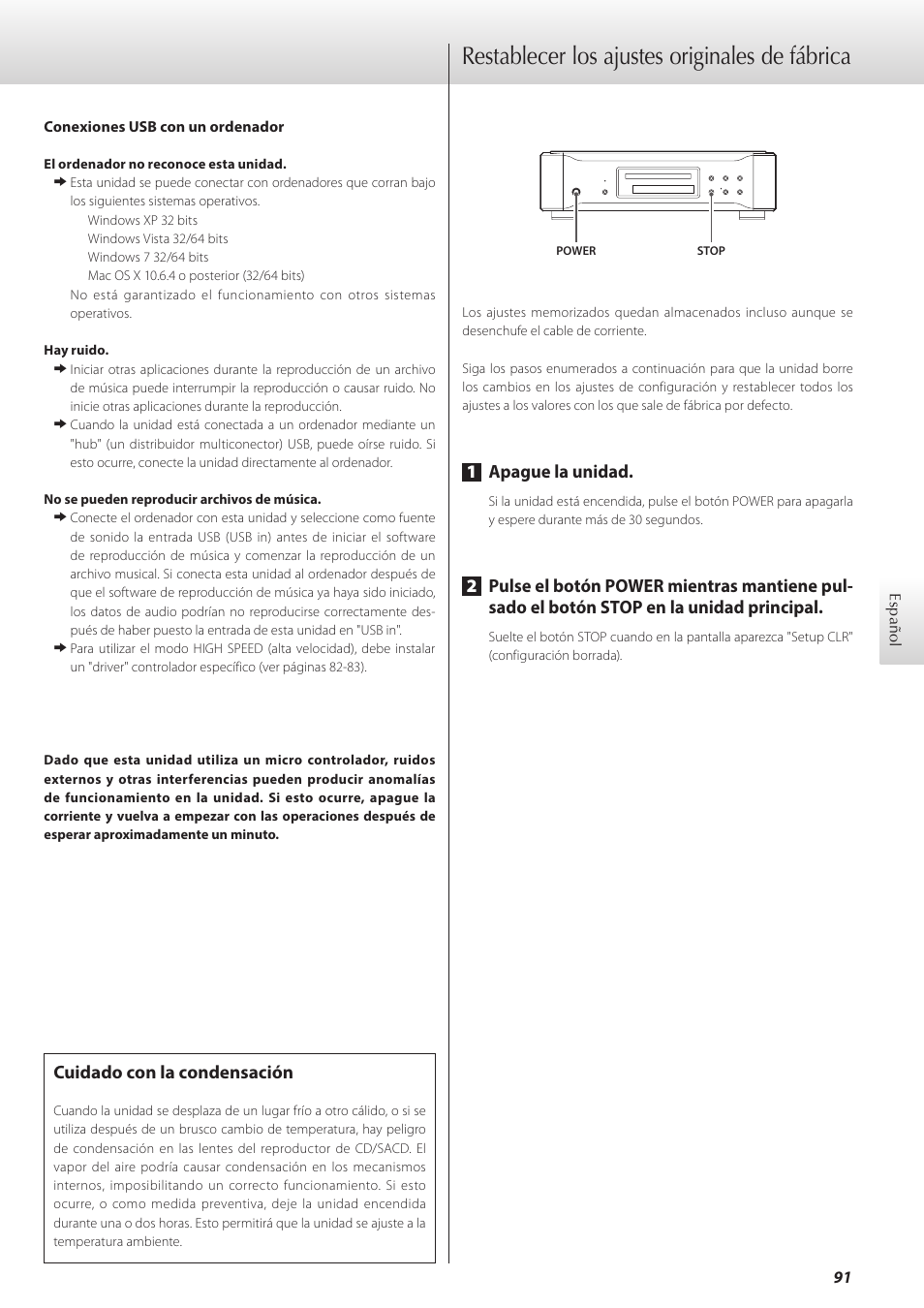 Restablecer los ajustes originales de fábrica, 1apague la unidad, Cuidado con la condensación | Teac K-07 User Manual | Page 91 / 96