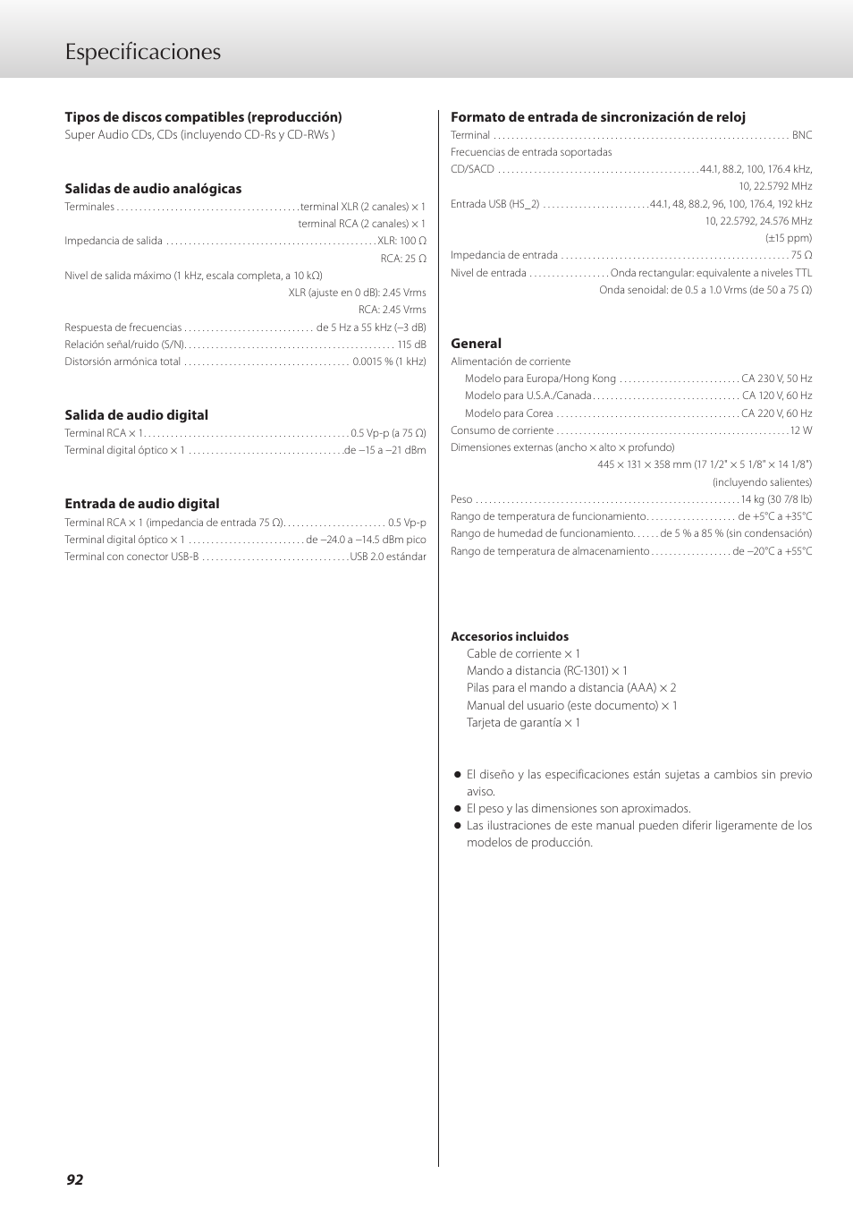 Especificaciones | Teac K-07 User Manual | Page 92 / 96