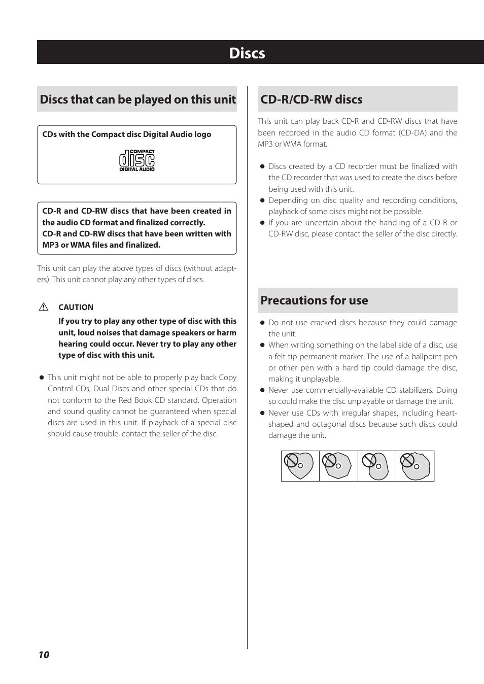 Discs, Discs that can be played on this unit, Cd-r/cd-rw discs | Precautions for use | Teac SL-D930 User Manual | Page 10 / 140