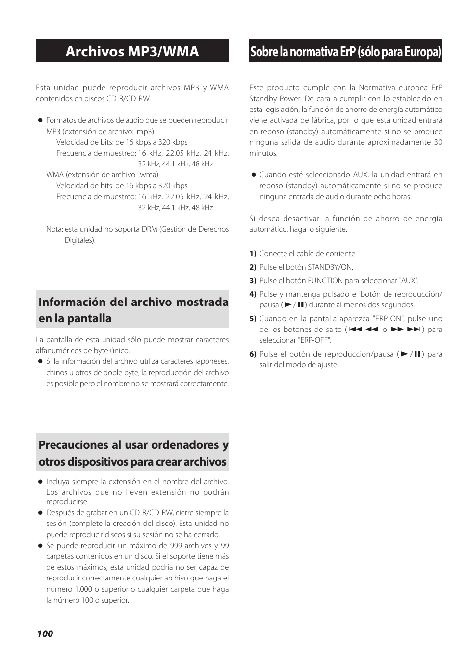 Archivos mp3/wma, Sobre la normativa erp (sólo para europa), Información del archivo mostrada en la pantalla | Teac SL-D930 User Manual | Page 100 / 140