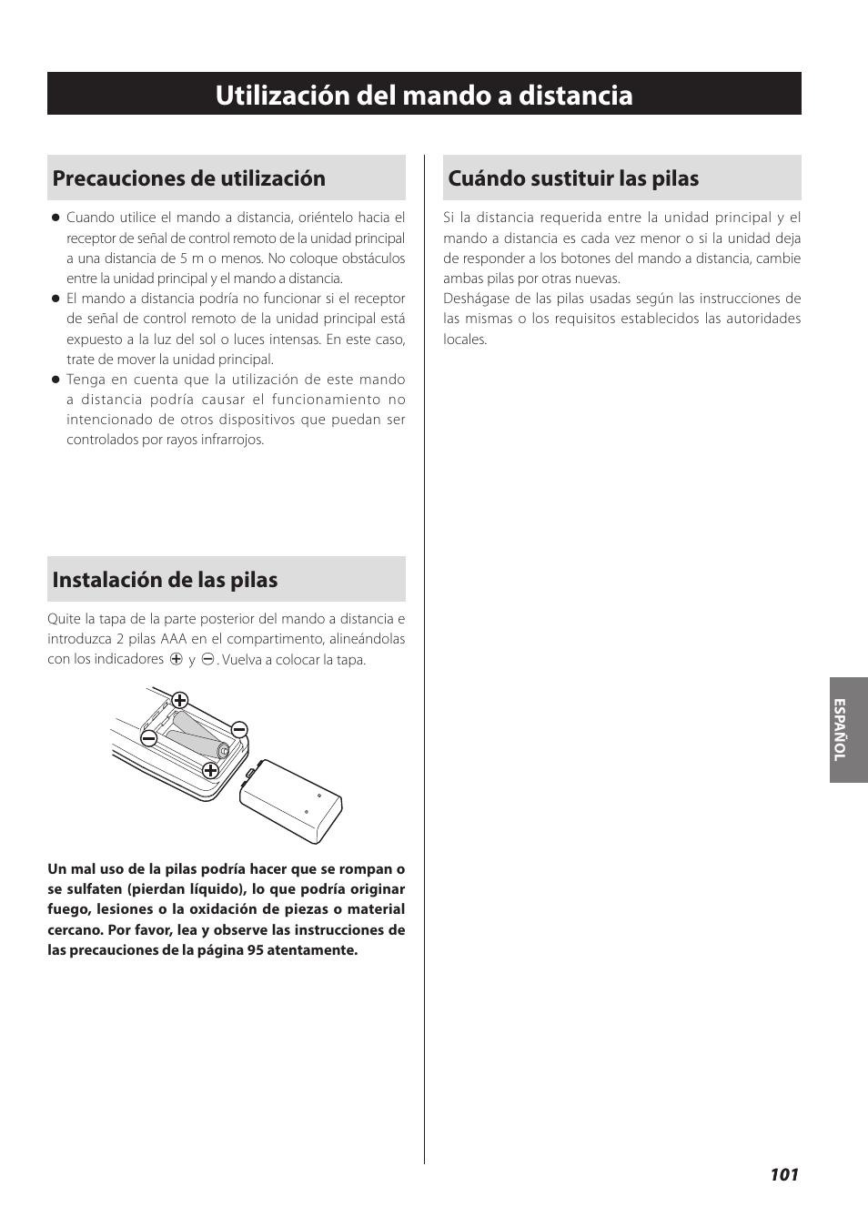 Utilización del mando a distancia, Precauciones de utilización, Instalación de las pilas | Cuándo sustituir las pilas | Teac SL-D930 User Manual | Page 101 / 140