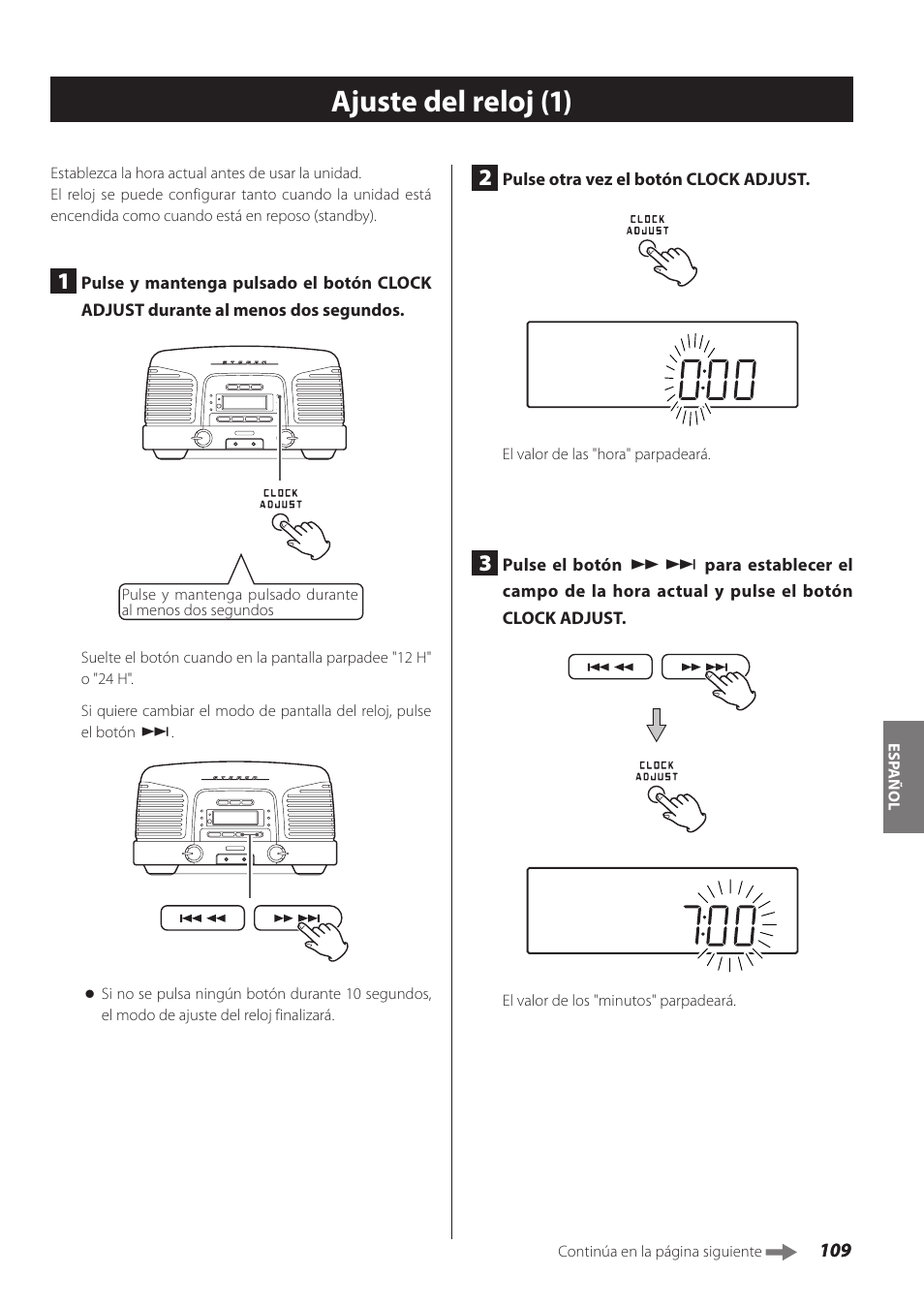 Ajuste del reloj, Ina 109), Ajuste del reloj (1) | Teac SL-D930 User Manual | Page 109 / 140