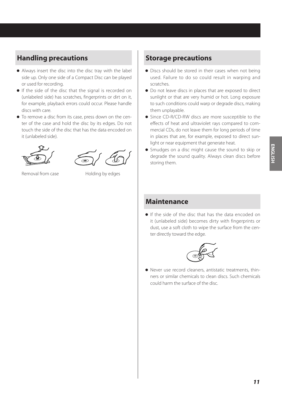 Storage precautions, Maintenance, Handling precautions | Teac SL-D930 User Manual | Page 11 / 140