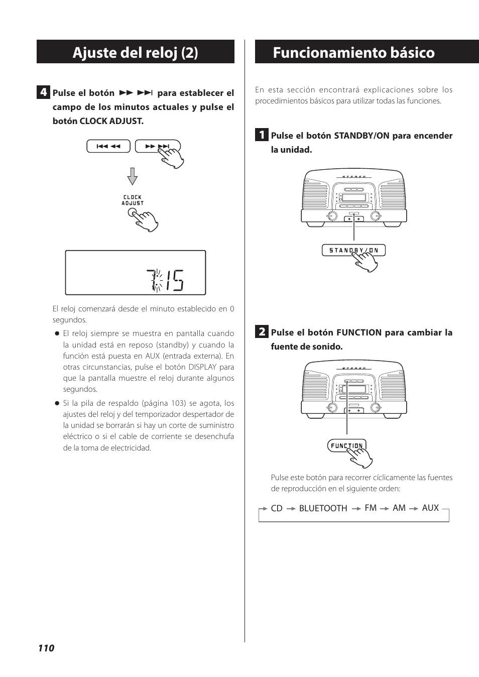 Funcionamiento básico, Ajuste del reloj (2) | Teac SL-D930 User Manual | Page 110 / 140