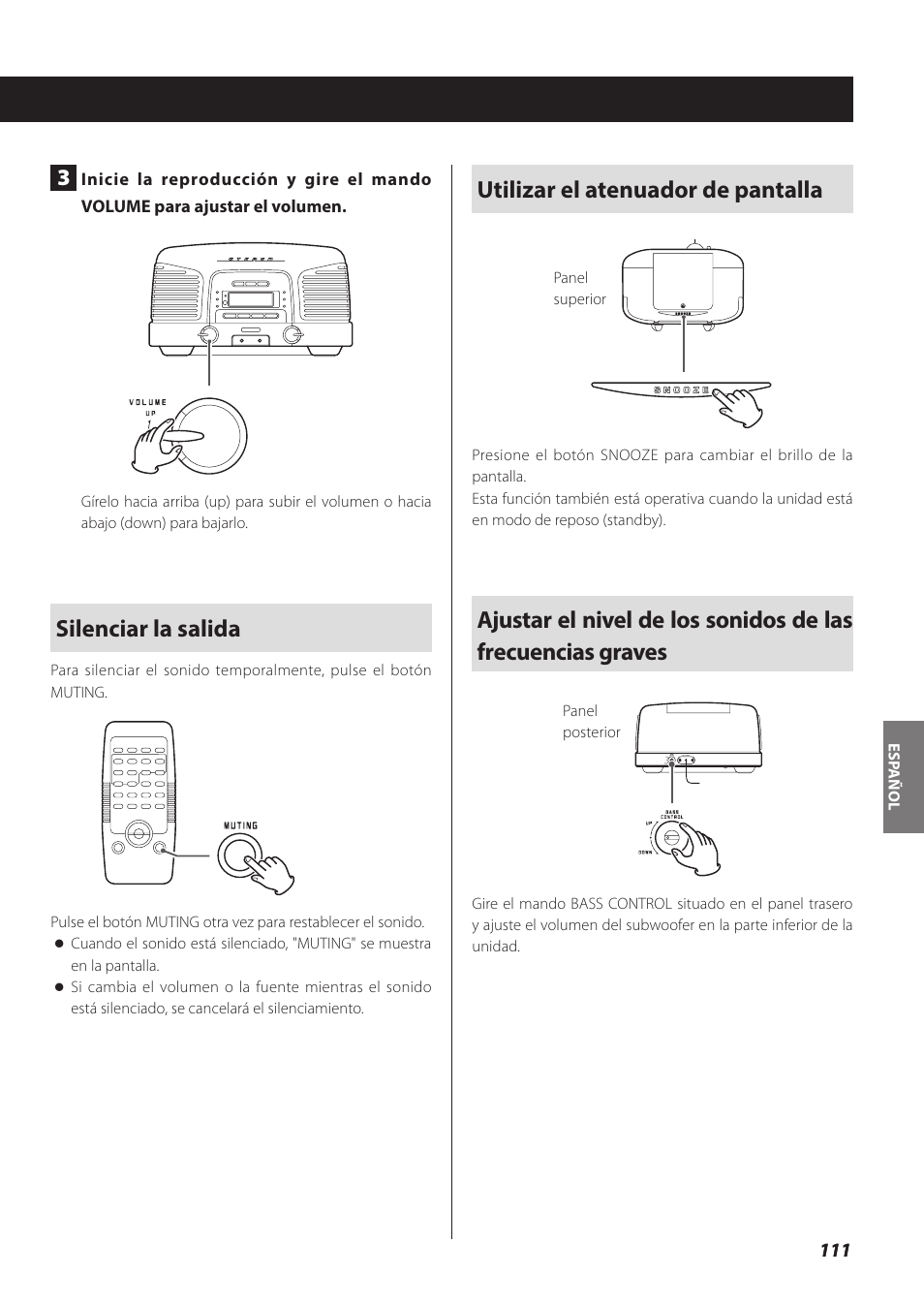 Silenciar la salida, Utilizar el atenuador de pantalla | Teac SL-D930 User Manual | Page 111 / 140