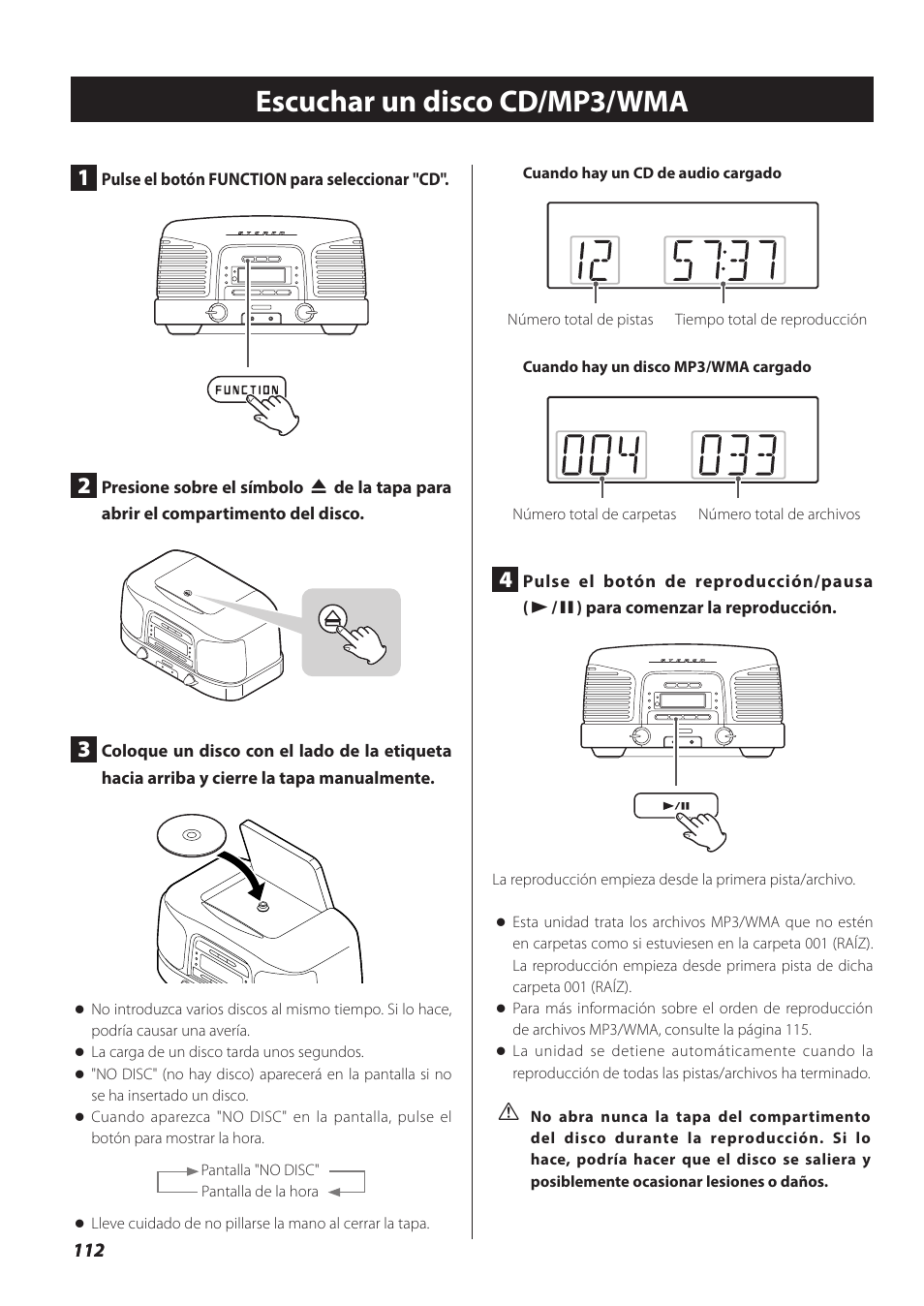 Escuchar un disco cd/mp3/wma | Teac SL-D930 User Manual | Page 112 / 140