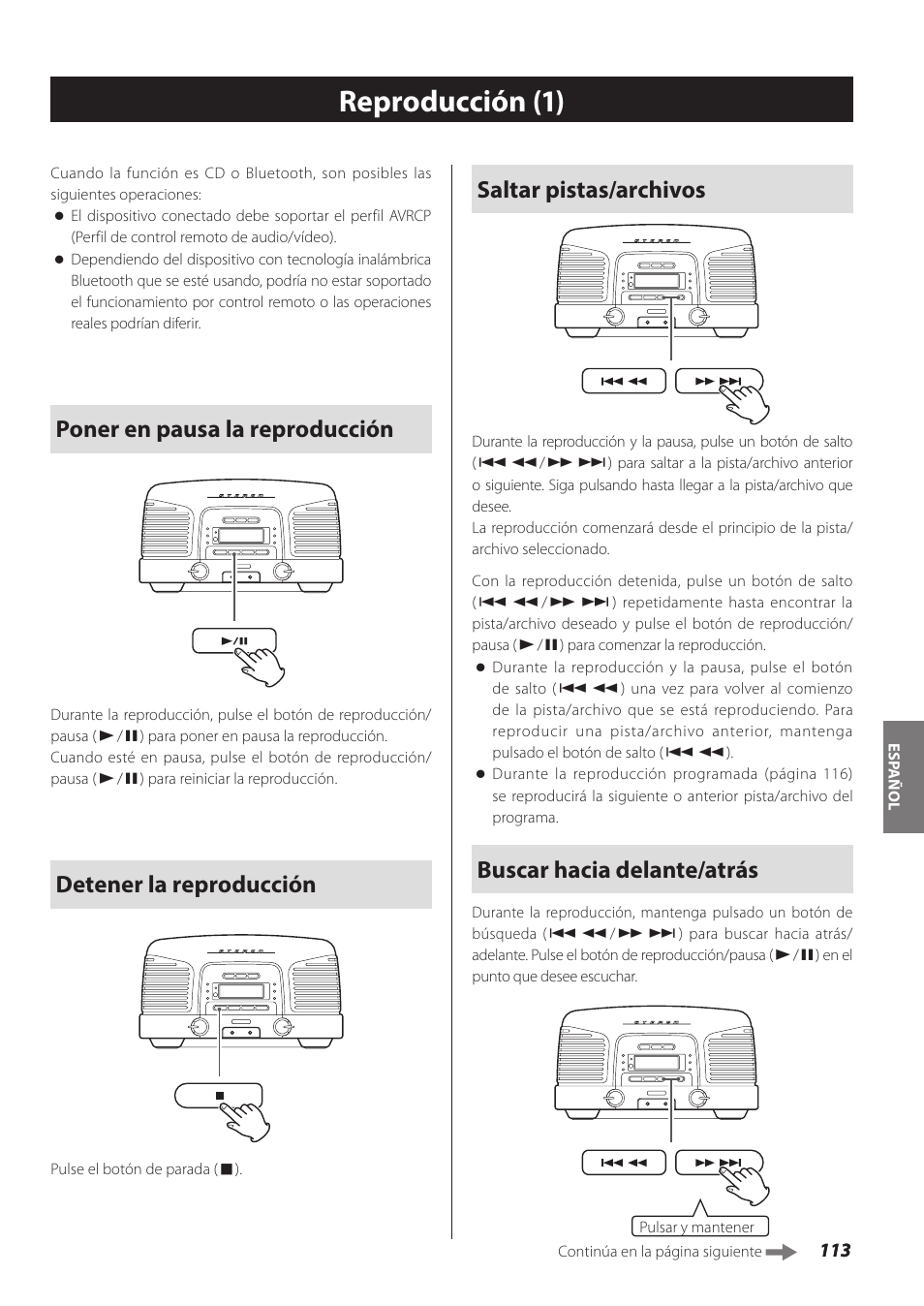 Reproducción, Reproducción (1), Saltar pistas/archivos | Buscar hacia delante/atrás, Poner en pausa la reproducción, Detener la reproducción | Teac SL-D930 User Manual | Page 113 / 140