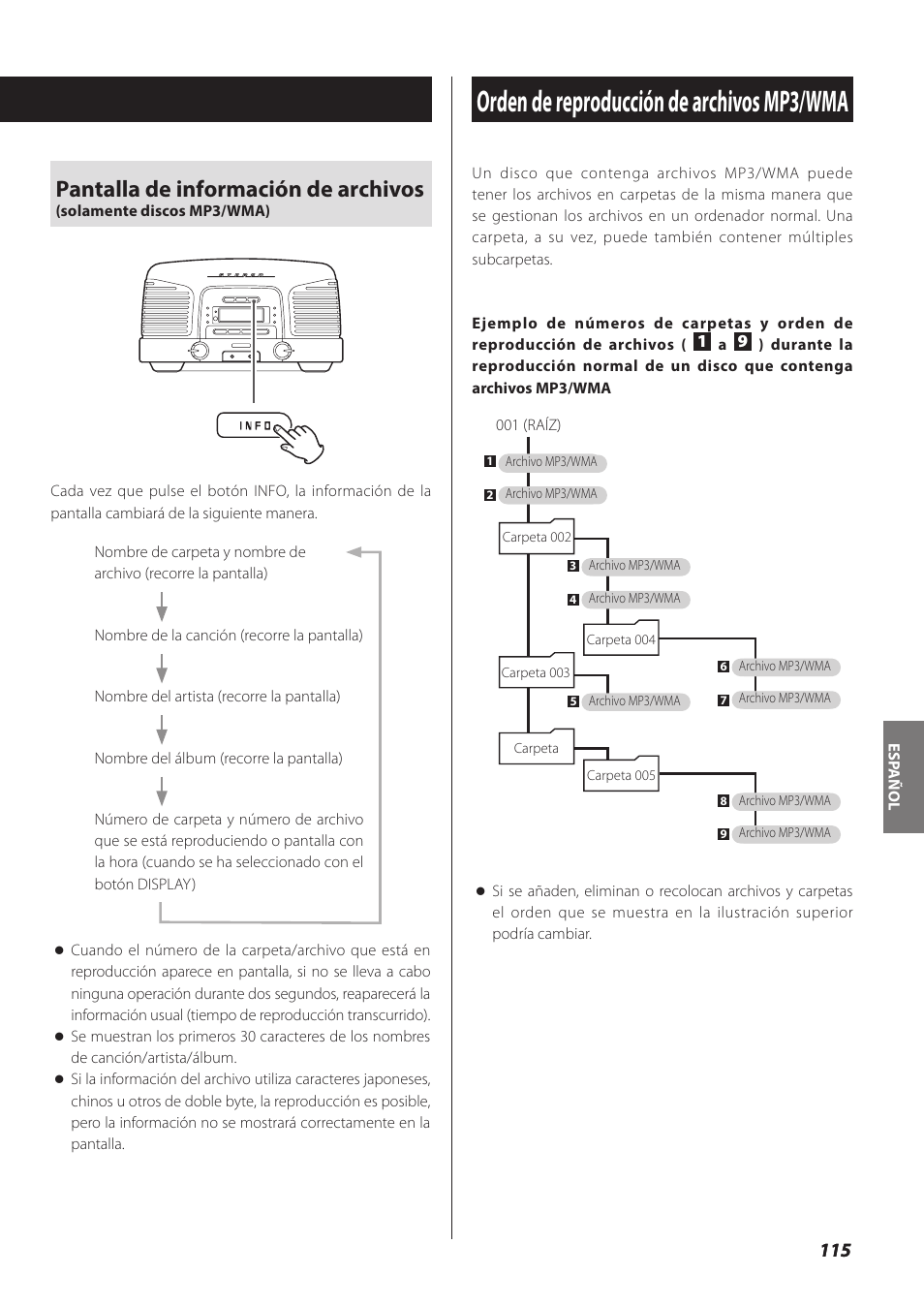 Orden de reproducción de archivos mp3/wma, Pantalla de información de archivos | Teac SL-D930 User Manual | Page 115 / 140