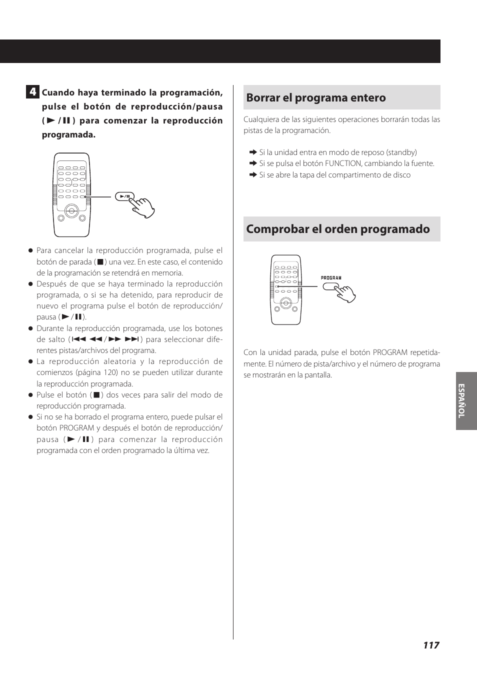 Borrar el programa entero, Comprobar el orden programado | Teac SL-D930 User Manual | Page 117 / 140