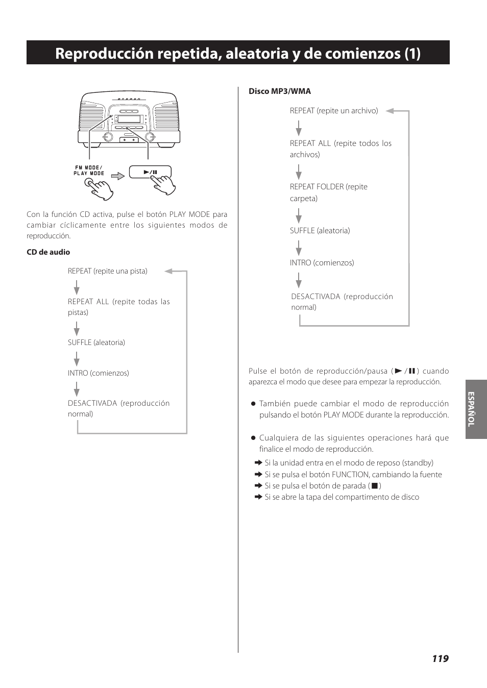 Reproducción repetida, aleatoria y de comienzos | Teac SL-D930 User Manual | Page 119 / 140