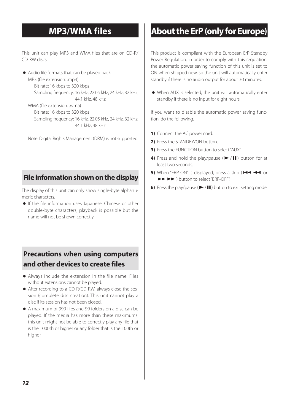 Mp3/wma files, About the erp (only for europe), Mp3/wma files about the erp (only for europe) | File information shown on the display | Teac SL-D930 User Manual | Page 12 / 140