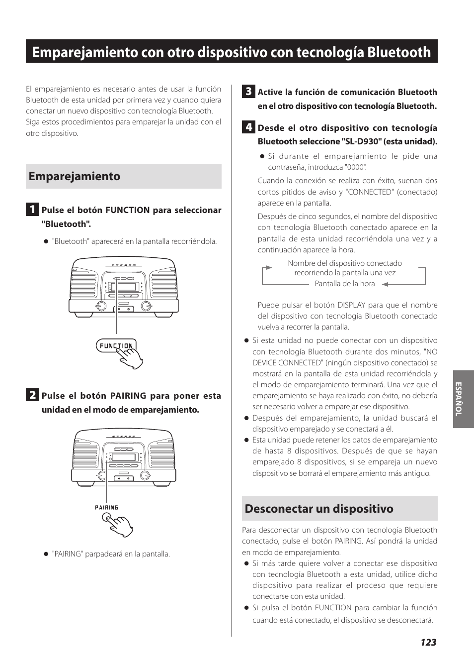 Ina 123, Desconectar un dispositivo, Emparejamiento 1 | Teac SL-D930 User Manual | Page 123 / 140