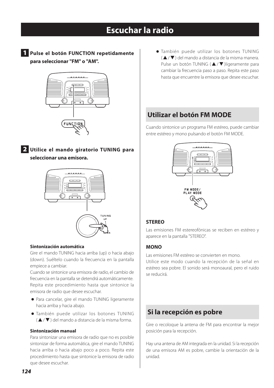 Escuchar la radio, Ina 124), Utilizar el botón fm mode | Si la recepción es pobre | Teac SL-D930 User Manual | Page 124 / 140