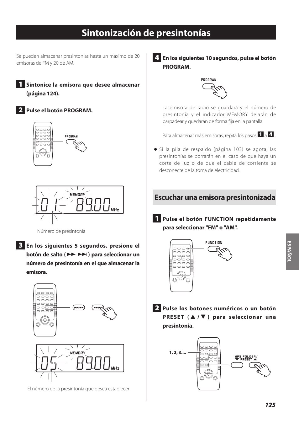 Sintonización de presintonías, Ina 125), Ina125 | Escuchar una emisora presintonizada 1 | Teac SL-D930 User Manual | Page 125 / 140