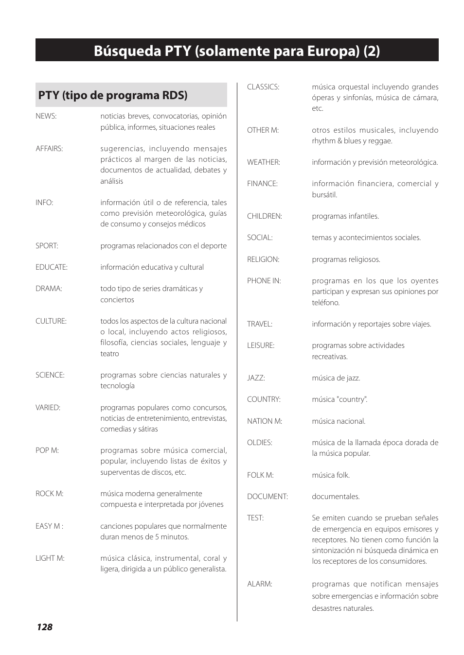 Búsqueda pty (solamente para europa) (2), Pty (tipo de programa rds) | Teac SL-D930 User Manual | Page 128 / 140