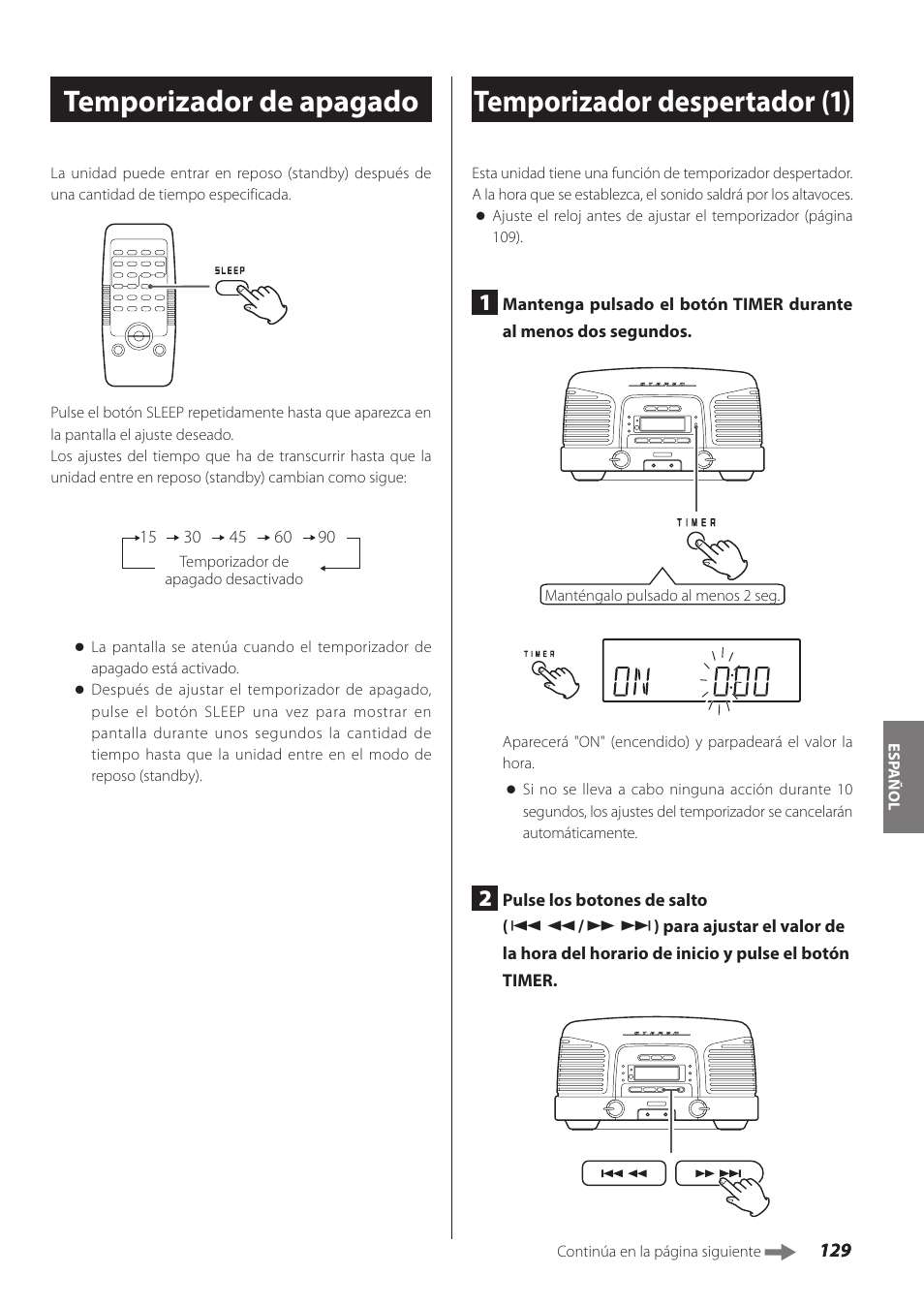 Temporizador de apagado, Temporizador despertador, Ina 129) | Temporizador despertador (1) | Teac SL-D930 User Manual | Page 129 / 140