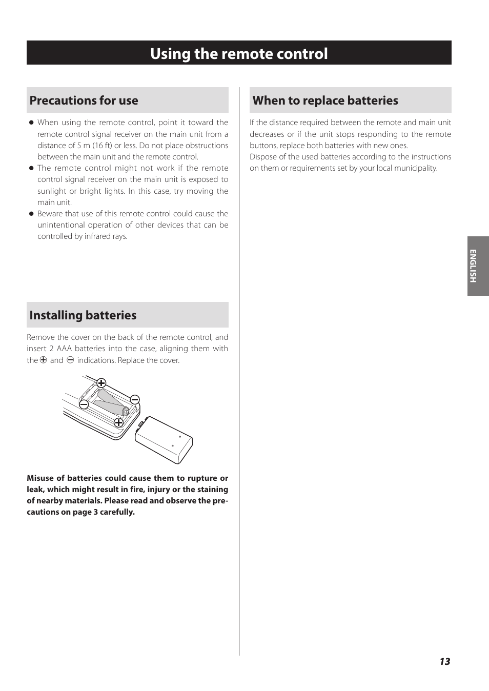 Using the remote control, Precautions for use, Installing batteries | When to replace batteries | Teac SL-D930 User Manual | Page 13 / 140